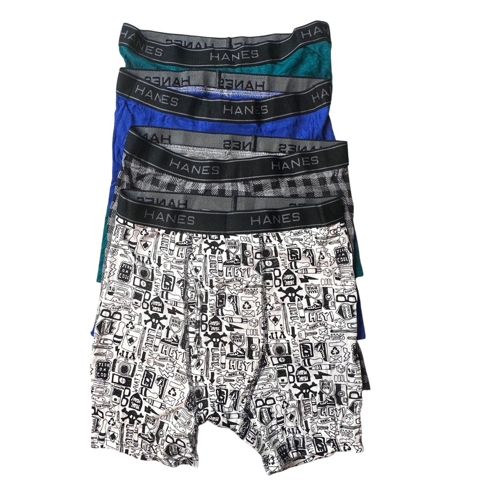 Hanes Boxer Briefs Boys XL Multicolor 4-Pack Doodle Plaid Solid Comfort Flex